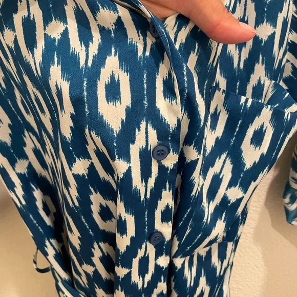 Maeve Anthropologie Ikat Print Shirt Dress Medium Blue White Belted - Picture 5 of 10